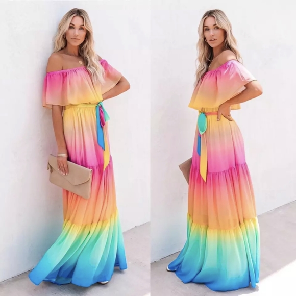 NWT Rainbow Ombre Boho Maxi Summer Dress S: Sm-Med - Picture 2 of 13